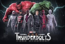 Promotional poster for the Thunderbolts movie featuring the main cast in dynamic poses, highlighting their antihero theme